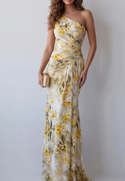 Yellow Watercolor Floral One Shoulder Chiffon Fishtail Maxi Dress