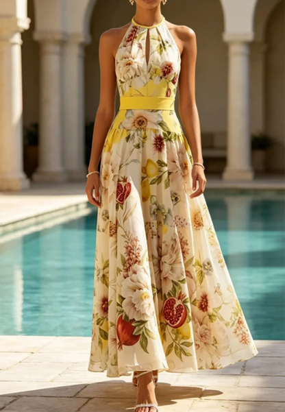 Yellow Floral Print Halter Neck Maxi Dress