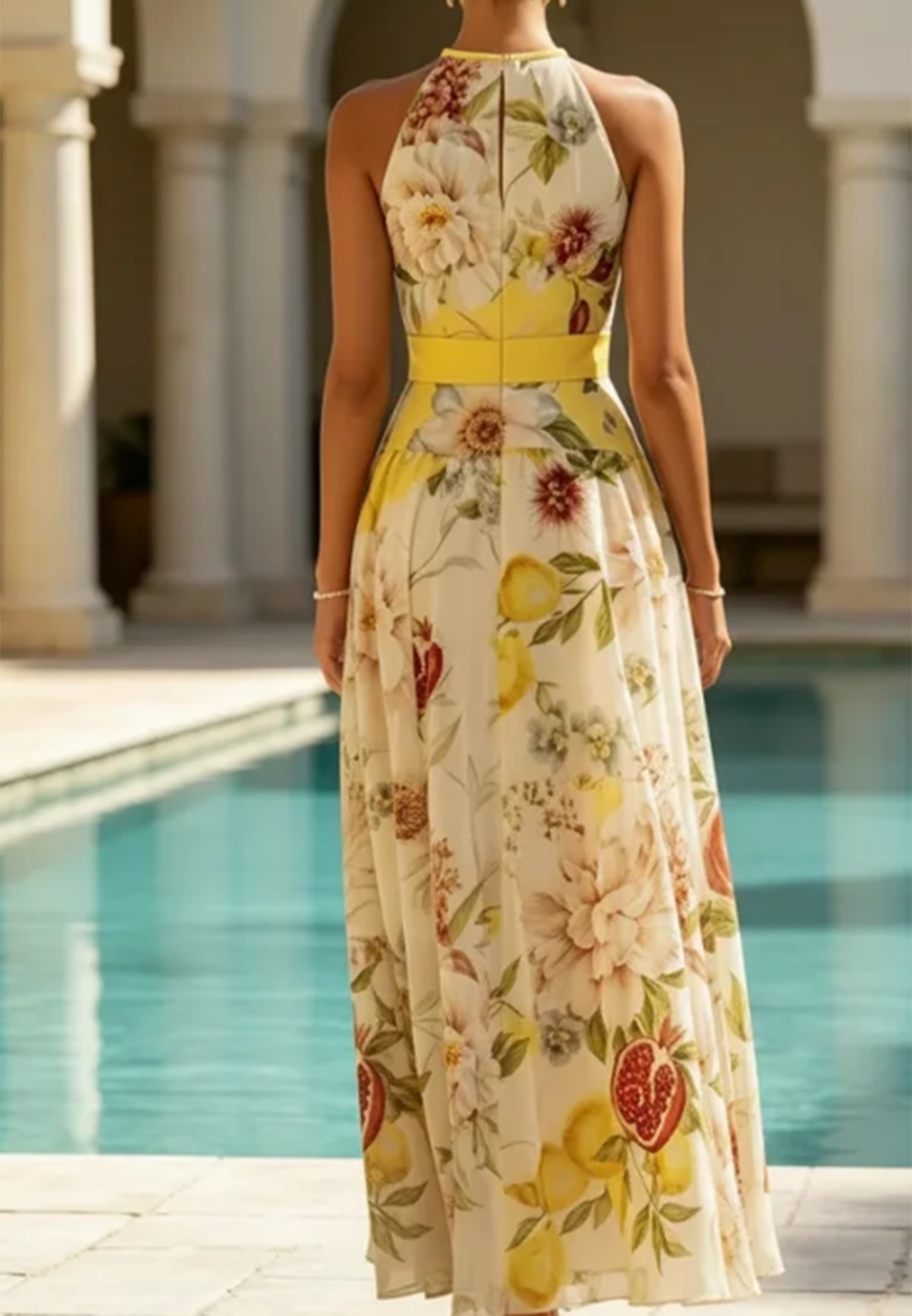 Yellow Floral Print Halter Neck Maxi Dress