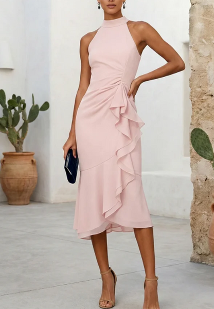 Pink Chiffon Halter Neck With Ruffles Midi Dress