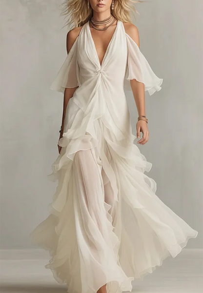 Solid Color Chiffon Off Shoulder Twisted Ruffle Maxi Dress