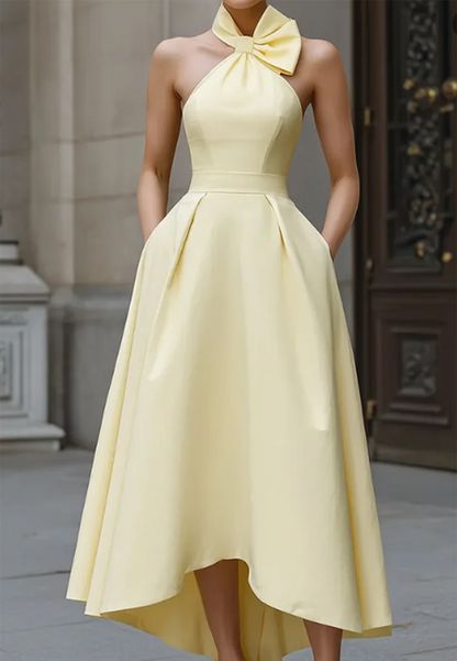 Yellow Satin Halter Bow High-Low Midi Dress