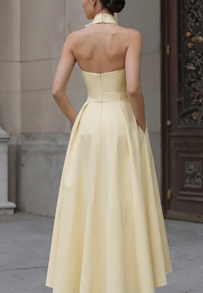 Yellow Satin Halter Bow High-Low Midi Dress