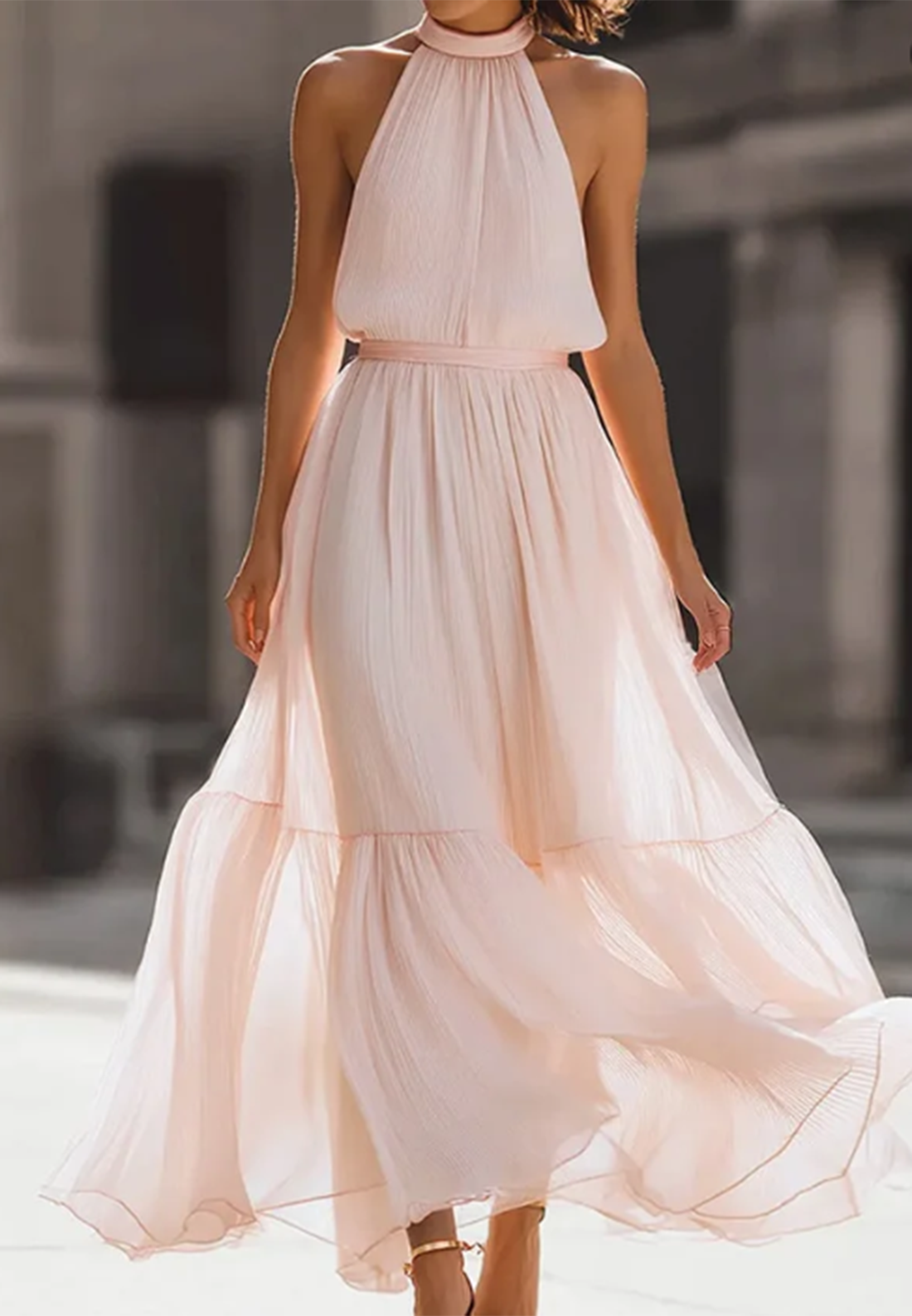 Light Pink Chiffon Halter Neck Sleeveless Design Maxi Dress