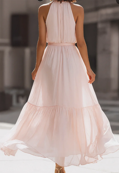 Light Pink Chiffon Halter Neck Sleeveless Design Maxi Dress