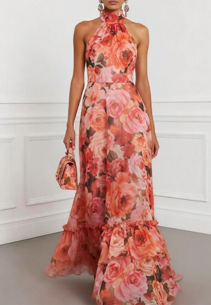 Orange-Red Chiffon Floral Print Maxi Dress
