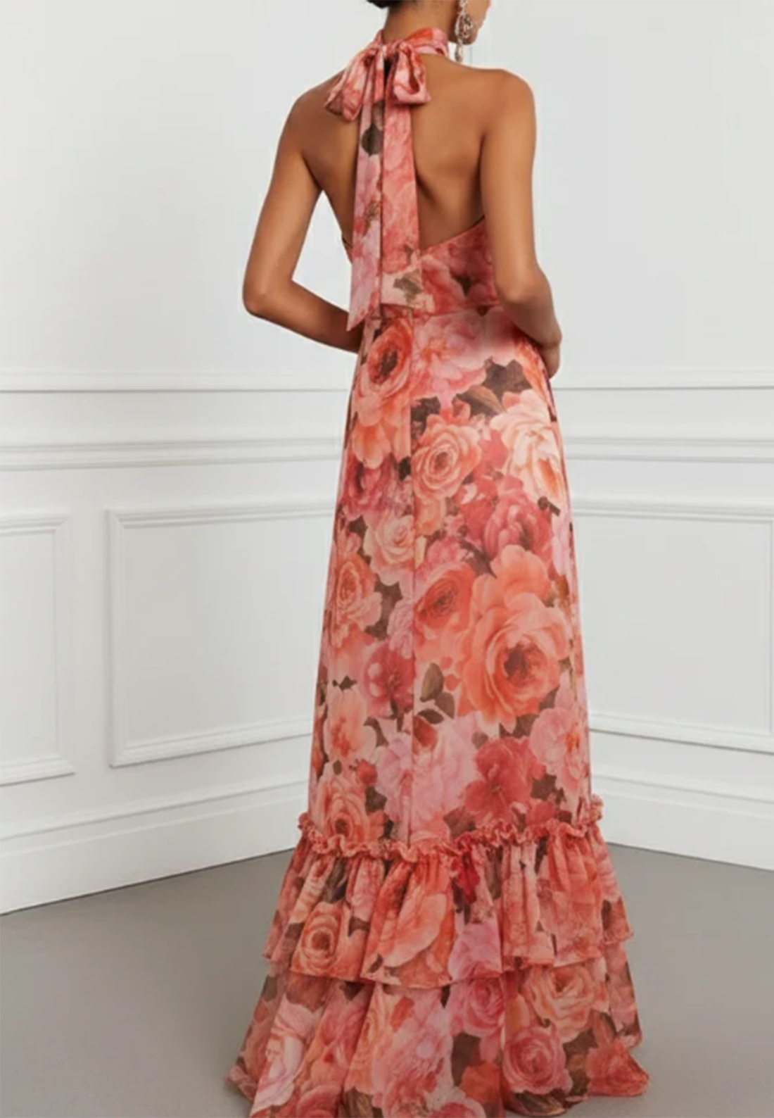 Orange-Red Chiffon Floral Print Maxi Dress