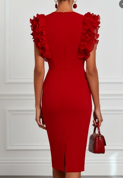 Chiffon And Matte Satin Color-Blocked V-Neck Fishtail Midi Dress