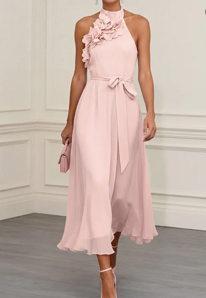 Blush Pink 3D Floral Halter Neck Chiffon Midi Dress