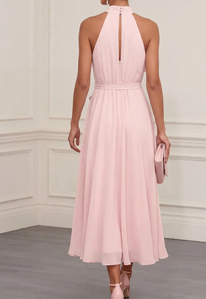 Blush Pink 3D Floral Halter Neck Chiffon Midi Dress