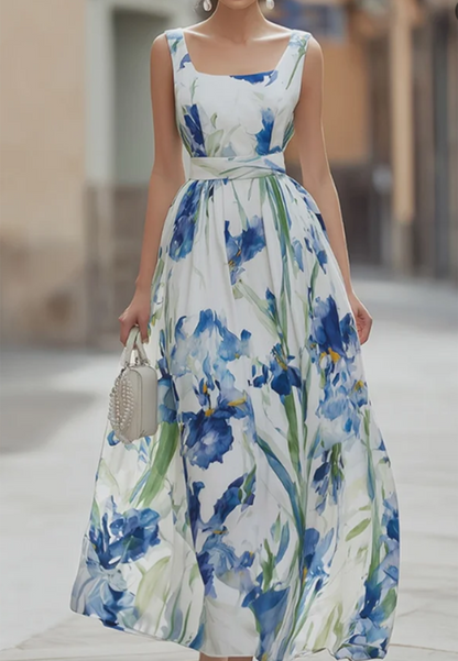 Blue Iris Watercolor Print Square Neck Chiffon Maxi Dress