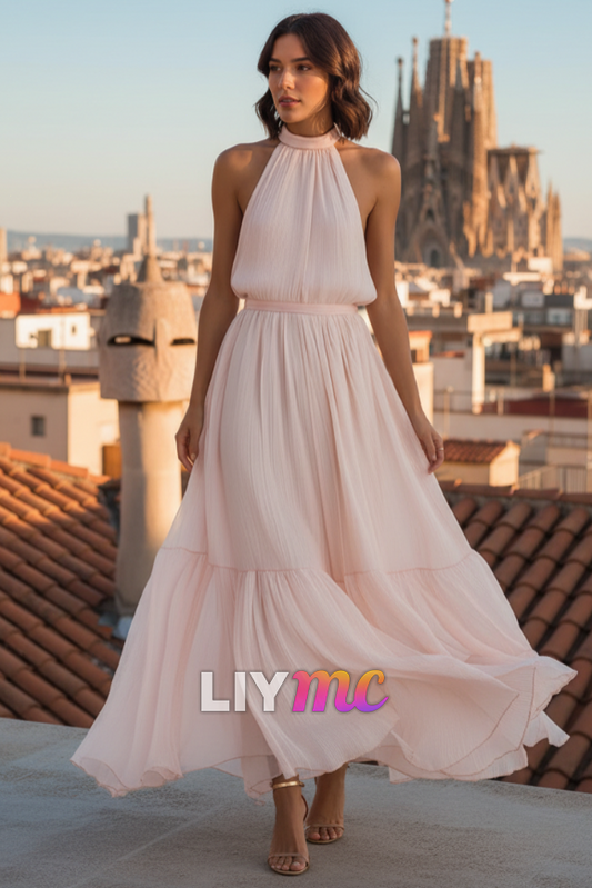 Light Pink Chiffon Halter Neck Sleeveless Design Maxi Dress