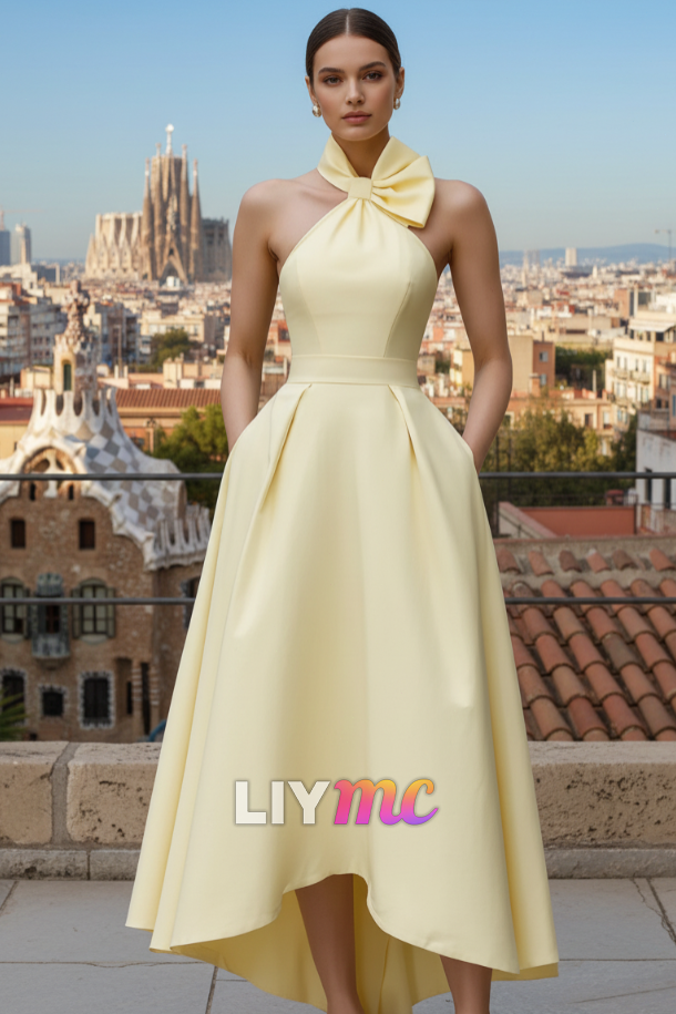 Yellow Satin Halter Bow High-Low Midi Dress