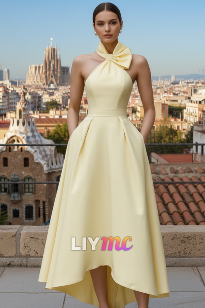Yellow Satin Halter Bow High-Low Midi Dress