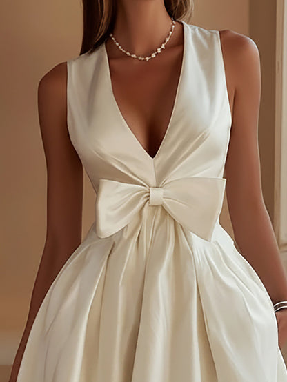 Cream White Satin Bow Bubble Dress