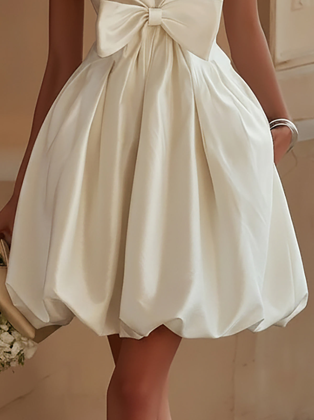 Cream White Satin Bow Bubble Dress