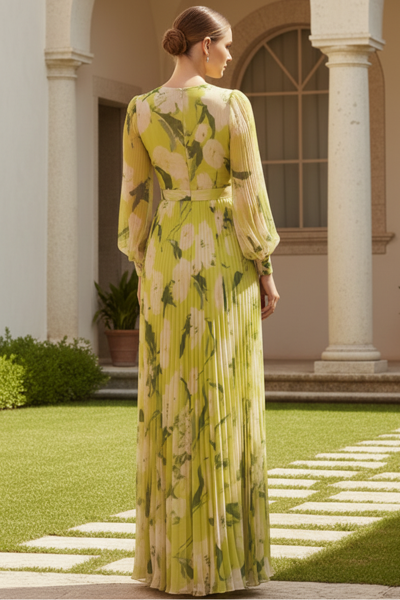 V-Neck Long Sleeves Floral Printed Summer Wedding Guest Dress