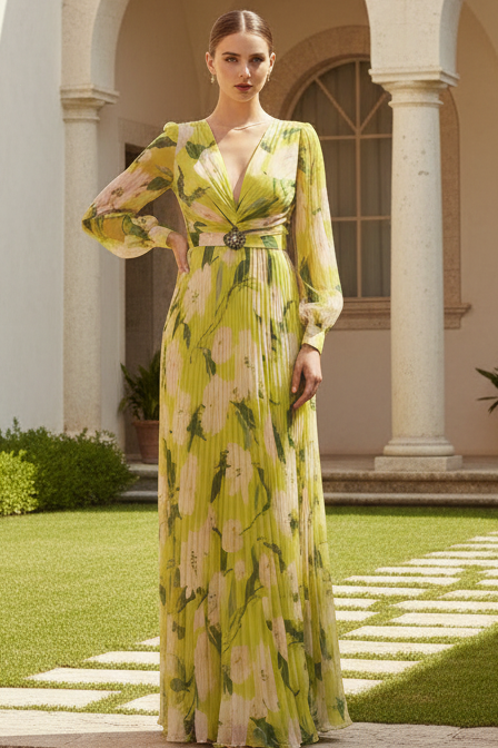 V-Neck Long Sleeves Floral Printed Summer Wedding Guest Dress