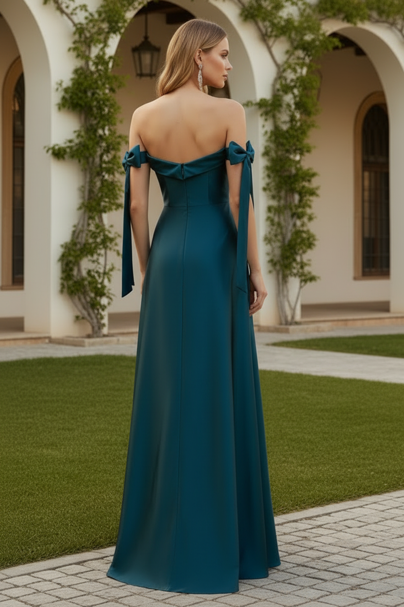 Off-Shoulder Side Slit Bow A-Line Wedding Guest Dress