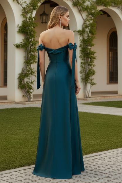 Off-Shoulder Side Slit Bow A-Line Wedding Guest Dress