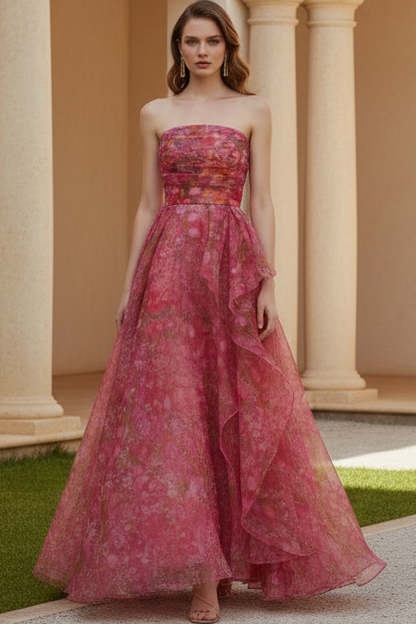 Straight Across Floral Printed A-Line Wedding Guest Dress
