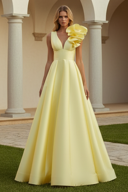 V-Neck Ruffles Satin A-Line  Evening Dress