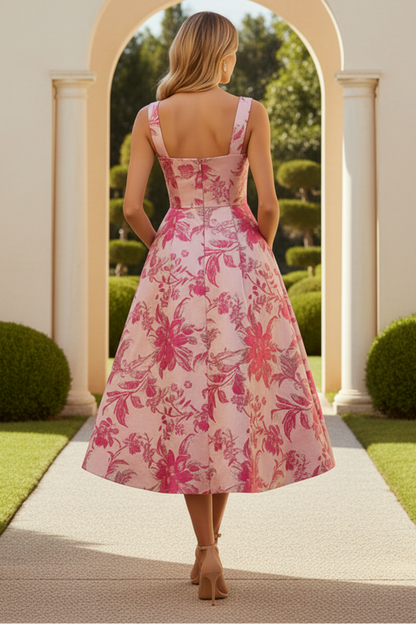 Square Straps Floral Printed A-Line Cocktail Dress