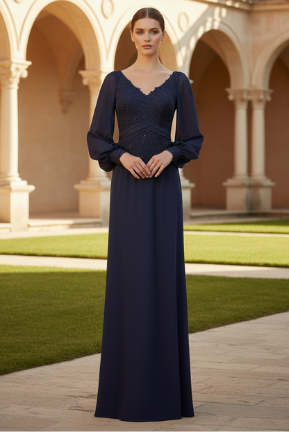 V-Neck Long Sleeves Appliques Sheath Mother of Bride Dress