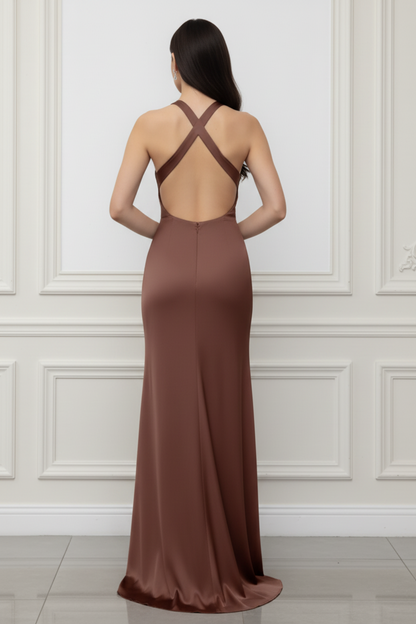Halter Mermaid Brown Wedding Guest Dress