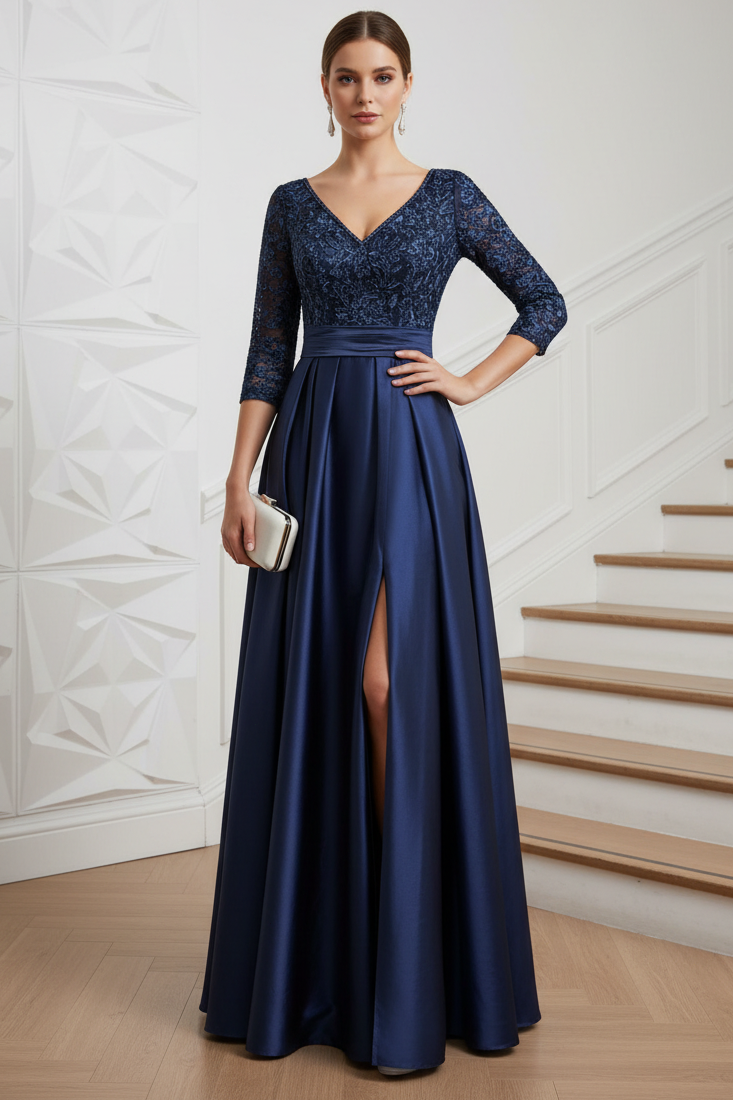 V-Neck Long Sleeves Appliques Lace Mother of Bride Dress
