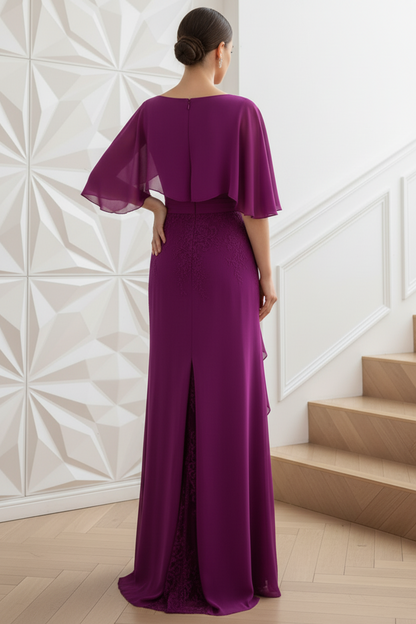 Scoop Short Sleeves Lace Chiffon Mother of Bride Dress