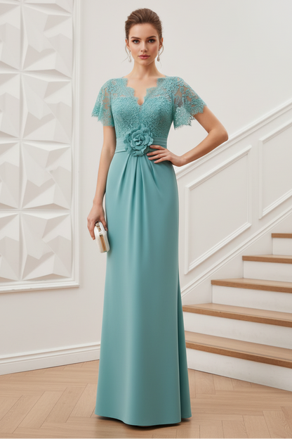 V-Neck Short Sleeves Appliques Mother of Bride Dress