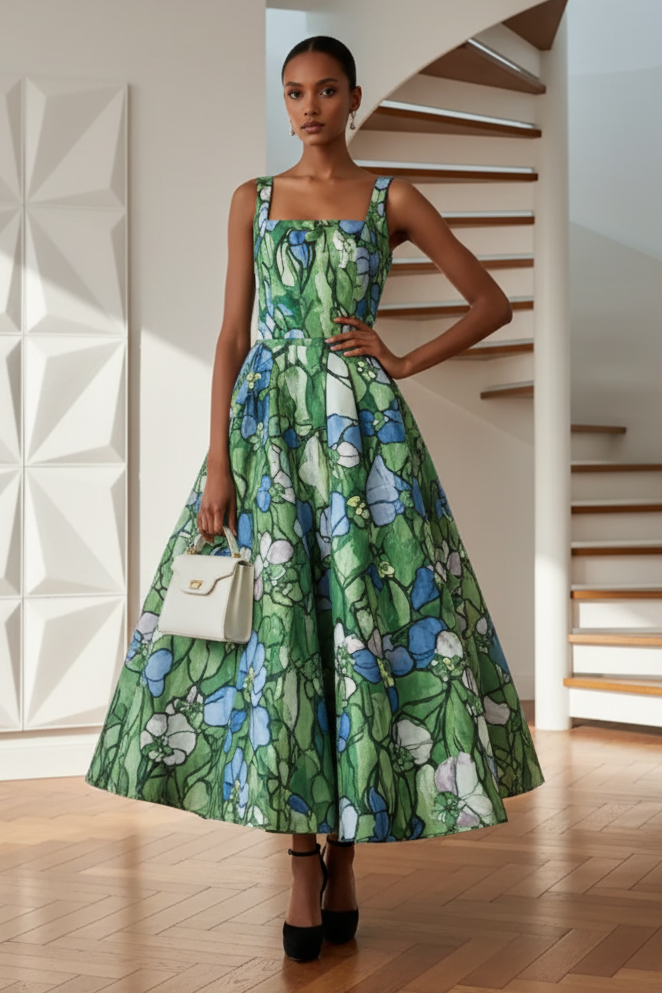 Square Straps  Printed A-Line Cocktail Dress