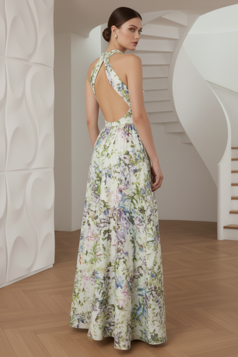 Halter Floral Printed Sleeveless A-Line Wedding Guest Dress