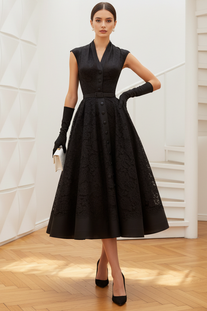 V-Neck Lace Appliques Black Cocktail Dress