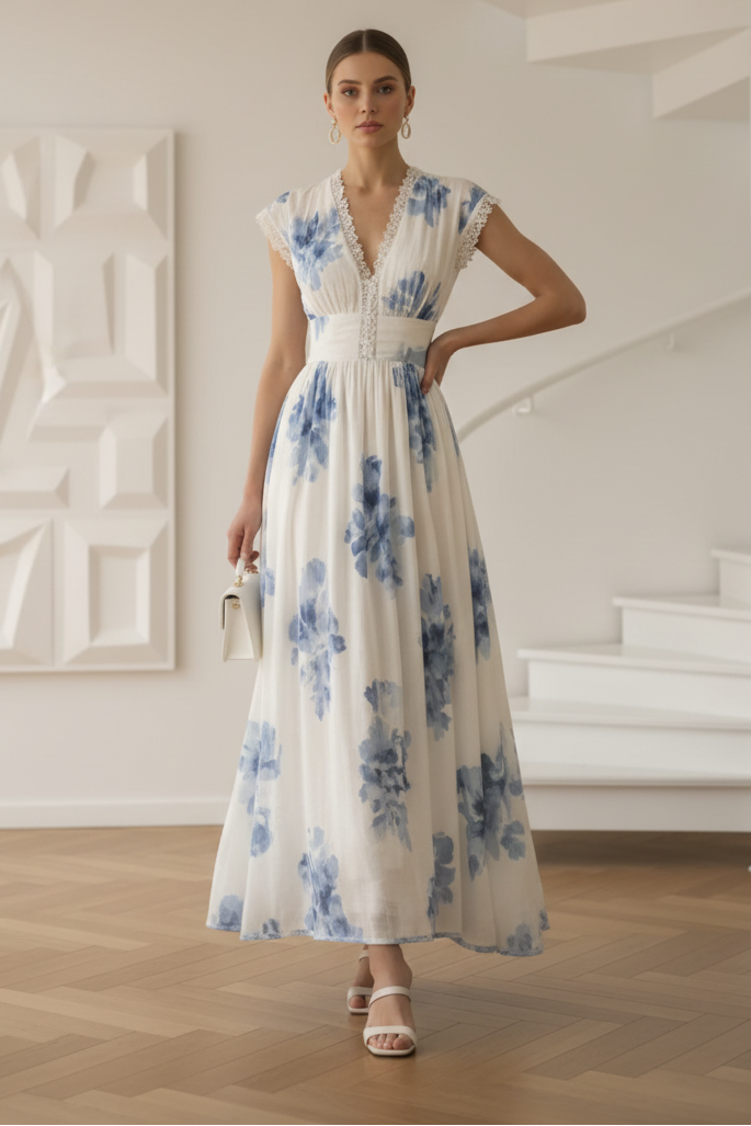 V-Neck Cap Sleeves Floral Printed A-Line Wedding Guest Dress