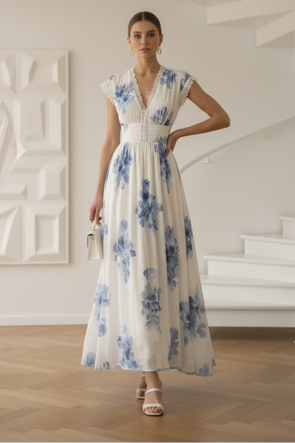 V-Neck Cap Sleeves Floral Printed A-Line Wedding Guest Dress