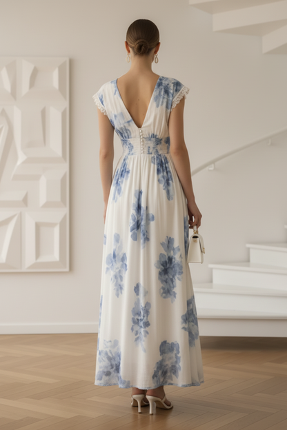 V-Neck Cap Sleeves Floral Printed A-Line Wedding Guest Dress