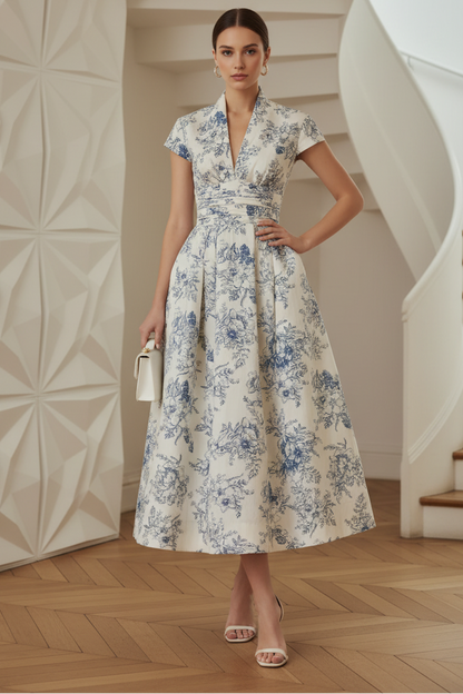 V-Neck Cap Sleeves  Floral Printed Satin A-Line Cocktail Dress