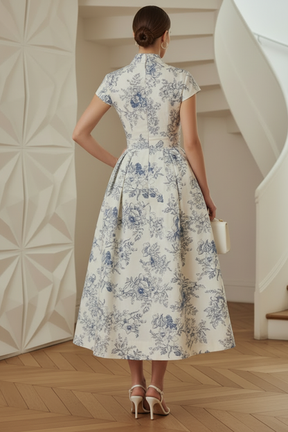 V-Neck Cap Sleeves  Floral Printed Satin A-Line Cocktail Dress