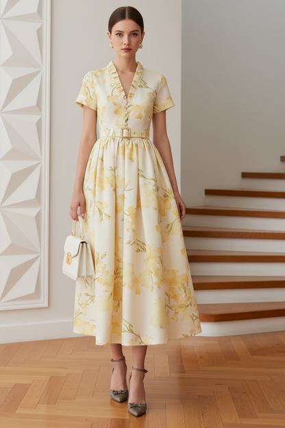 V-Neck Floral Printed Mother of Bride Dress