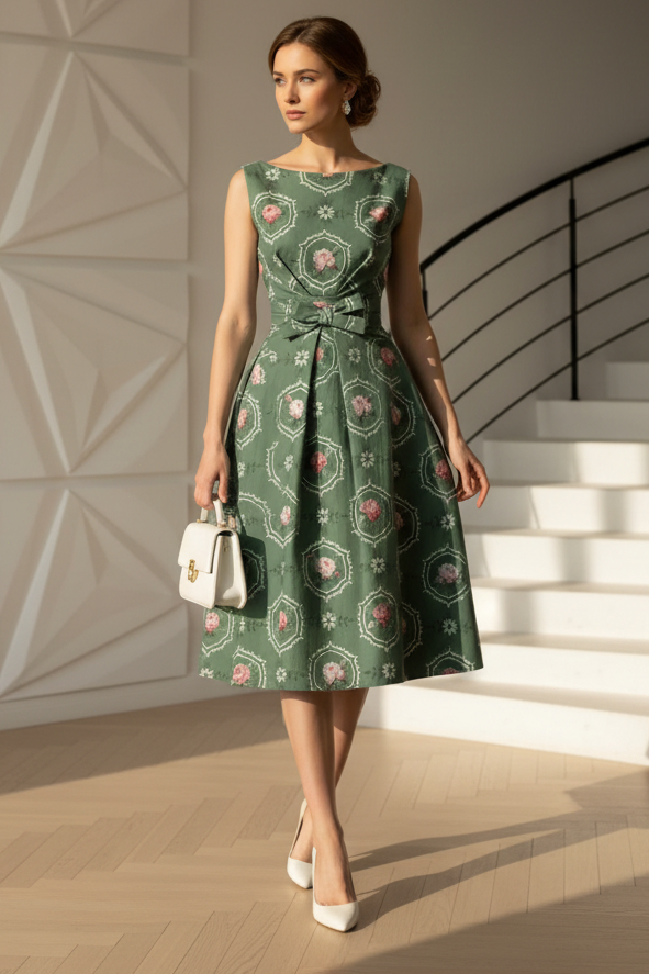Scoop Sleeveless Floral Printed A-Line Mother of Bride Dress