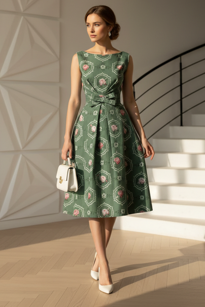 Scoop Sleeveless Floral Printed A-Line Mother of Bride Dress