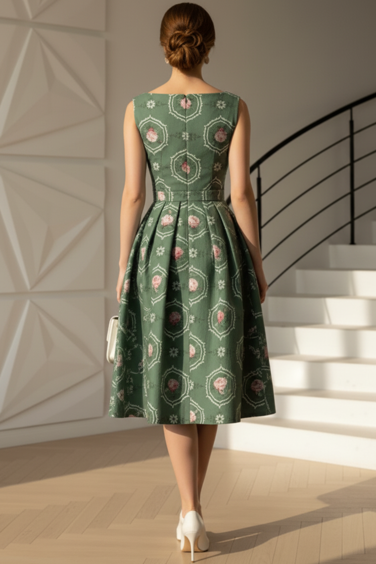 Scoop Sleeveless Floral Printed A-Line Mother of Bride Dress
