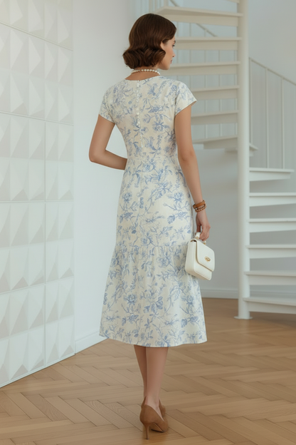 Sweetheart Short Sleeves Floral Printed Cocktail Dress