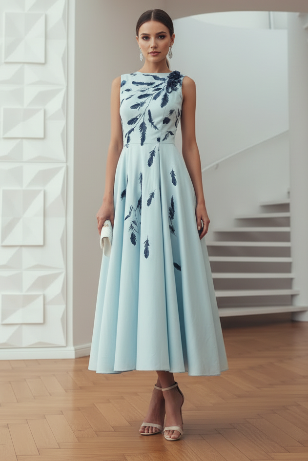 Bateau Strapless Floral Printed A-Line Mother of Bride Dress