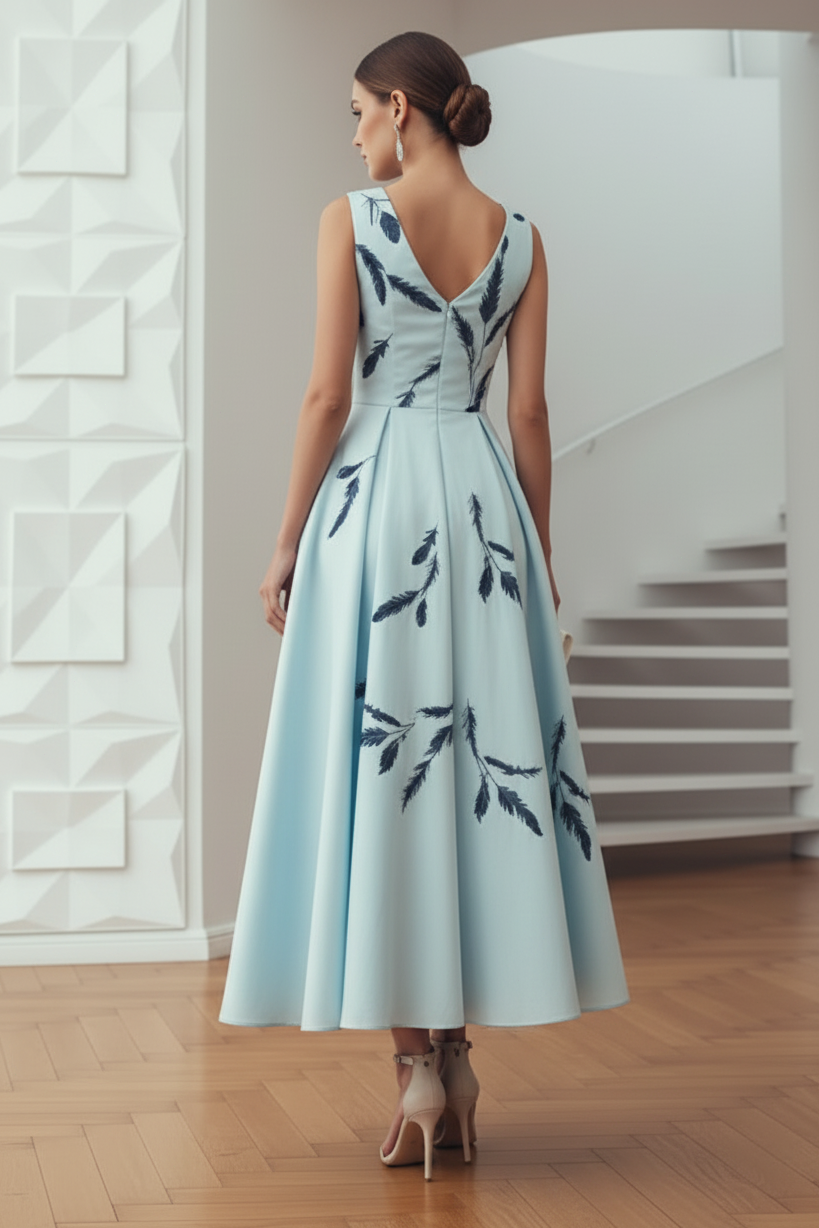 Bateau Strapless Floral Printed A-Line Mother of Bride Dress