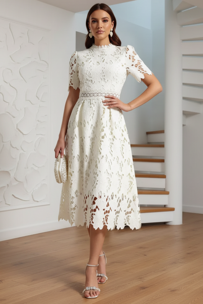 High Neck Short Sleeves  Appliques Lace Cocktail Dress