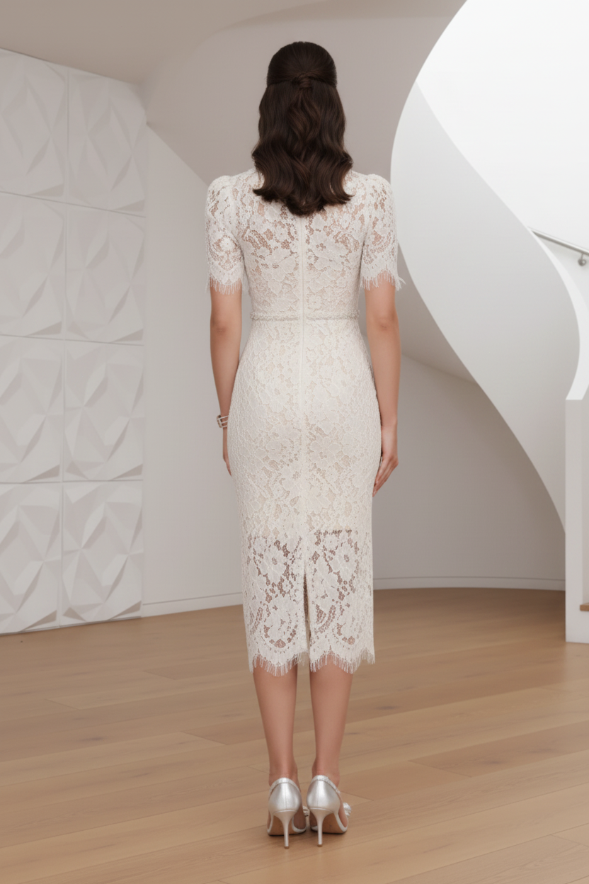 V-Neck Lace Floral Pleated A-Line Cocktail Dress