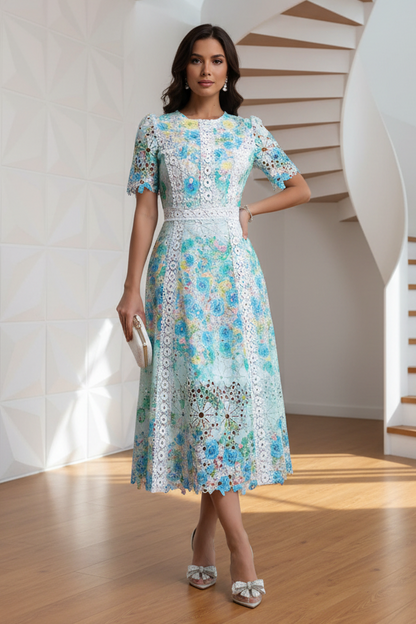 Scoop Short Sleeves Floral Printed  A-Line Cocktail Dress
